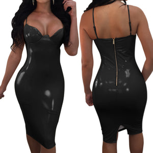 Sexy Women Solid Color Spaghetti Strap Back Zipper Slit Bodycon Party Club Dress