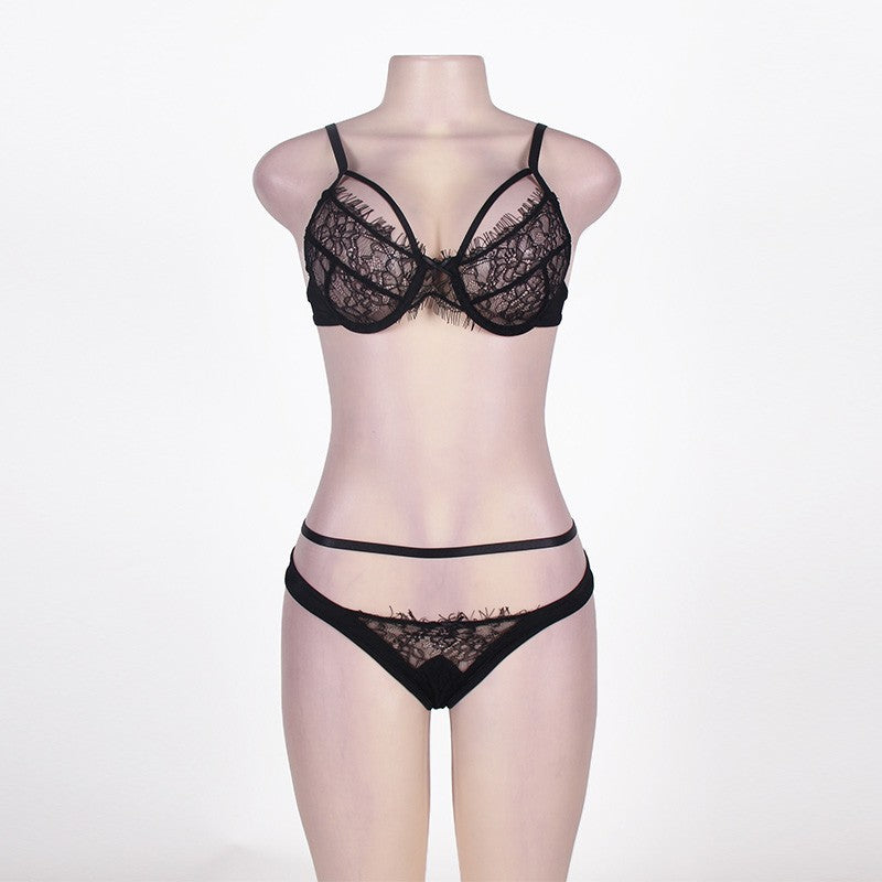 R80293 Eyelash Lace Bra Set Black Thin Plus Size Ladies Intimates Wire Free Adjusted Straps Women Bra Set Sexy Underwear