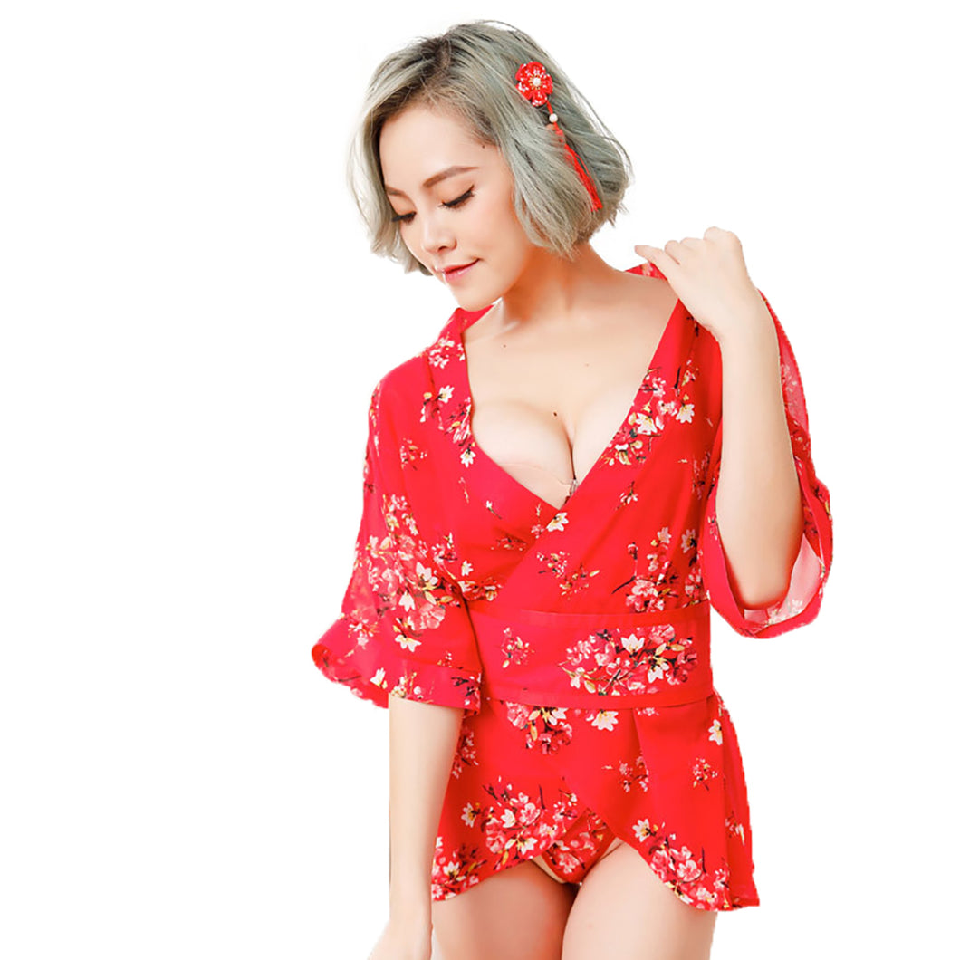 New red chiffon sexy perspective women's kimono erotic underwear