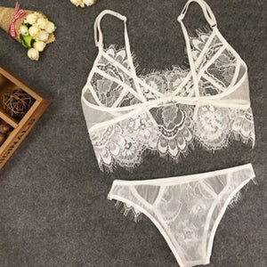 Women's Sexy Lace Hollow Sleepwear Underwear Lace G-string + Bra Nightwear Set