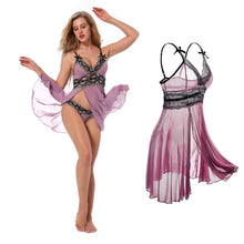 Load image into Gallery viewer, Lady Sexy See Through Lace V-Neck Side Slit Sleepwear Dress + G-String Nightwear