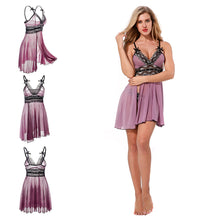 Load image into Gallery viewer, Lady Sexy See Through Lace V-Neck Side Slit Sleepwear Dress + G-String Nightwear