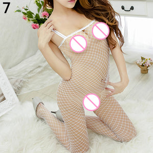 Women Sexy Spaghetti Strap Fishnet Bodysuit Open Crotch Sleepwear Nightwear